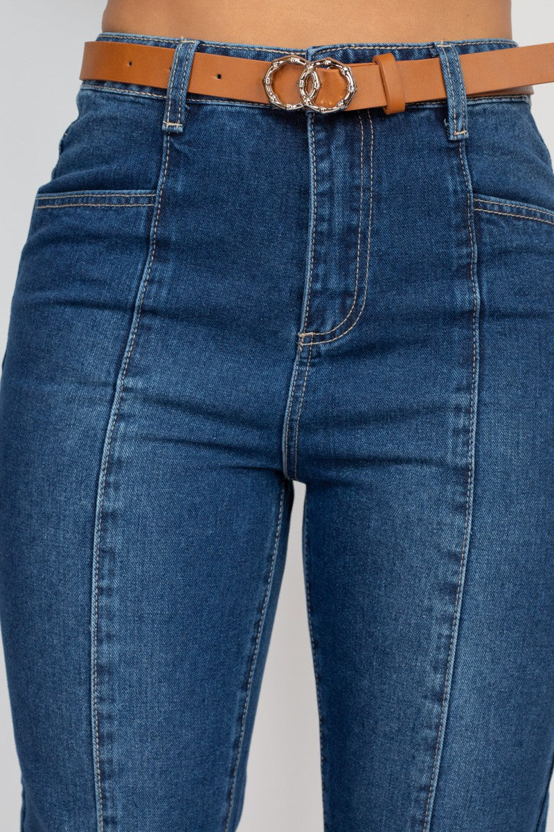Exposed Seams Belted Denim Jeans