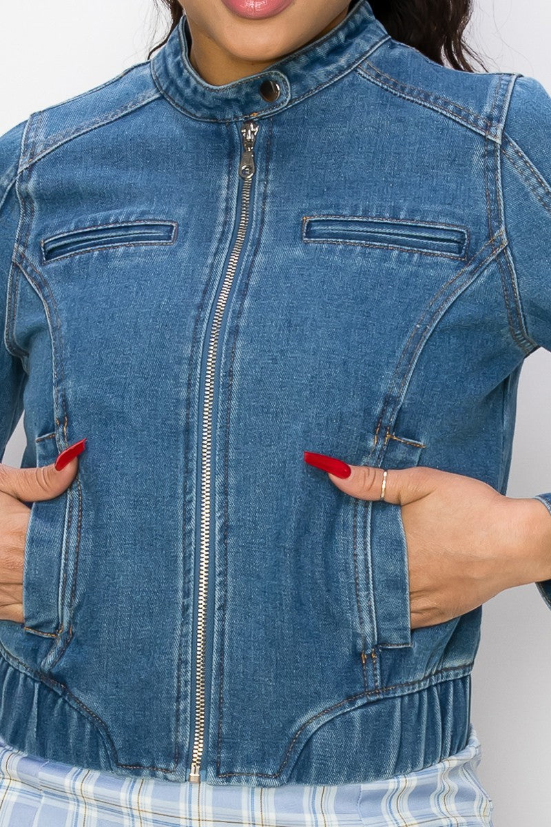 Mock Neck Zip-Up Denim Jacket