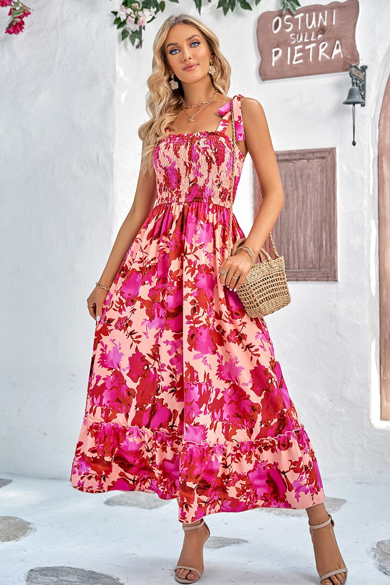 Floral Tie-Shoulder Smocked Dress