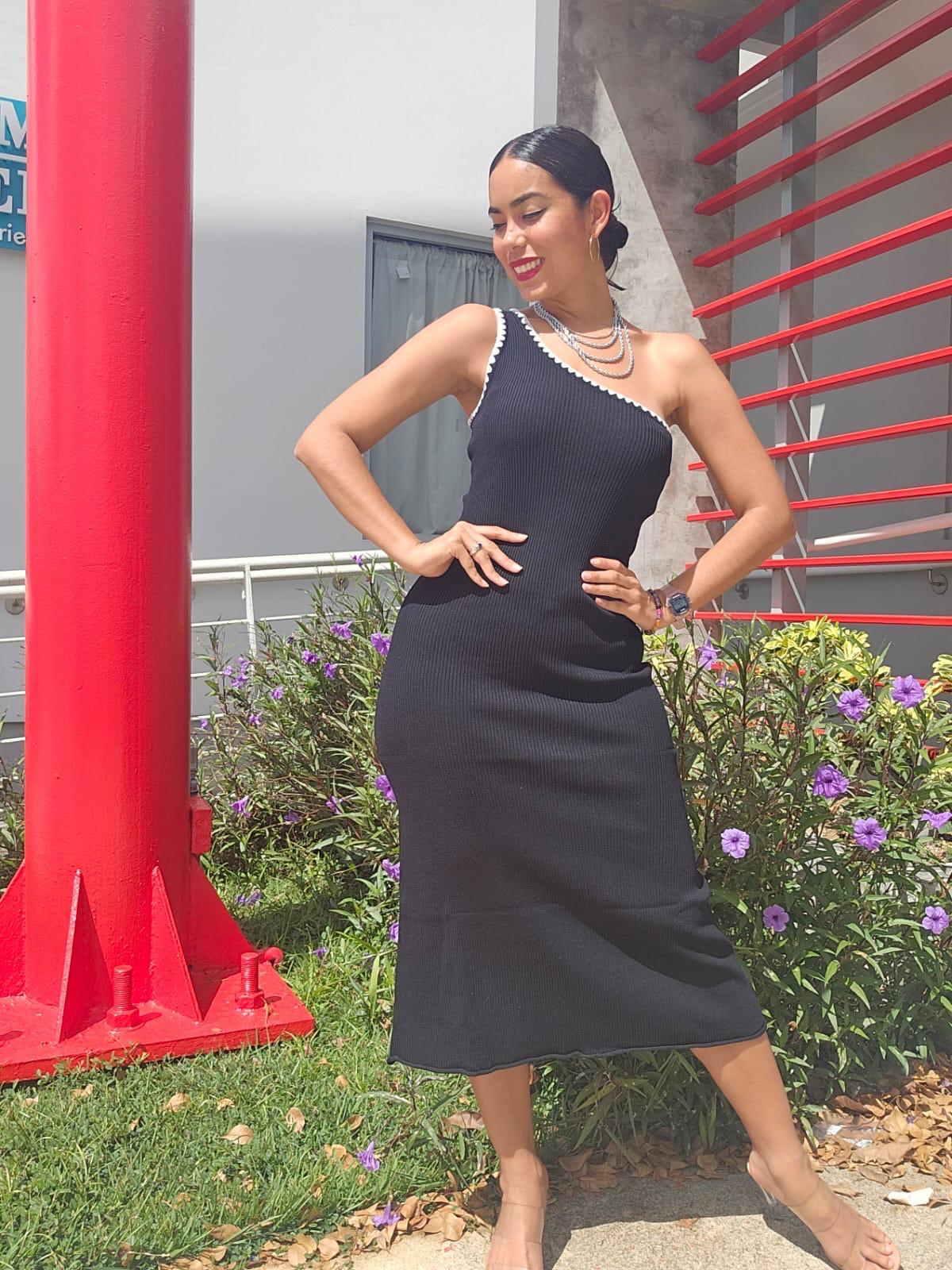 SLEEVELESS ONE SHOULDER TRIM DETAILED RIBBED DRESS