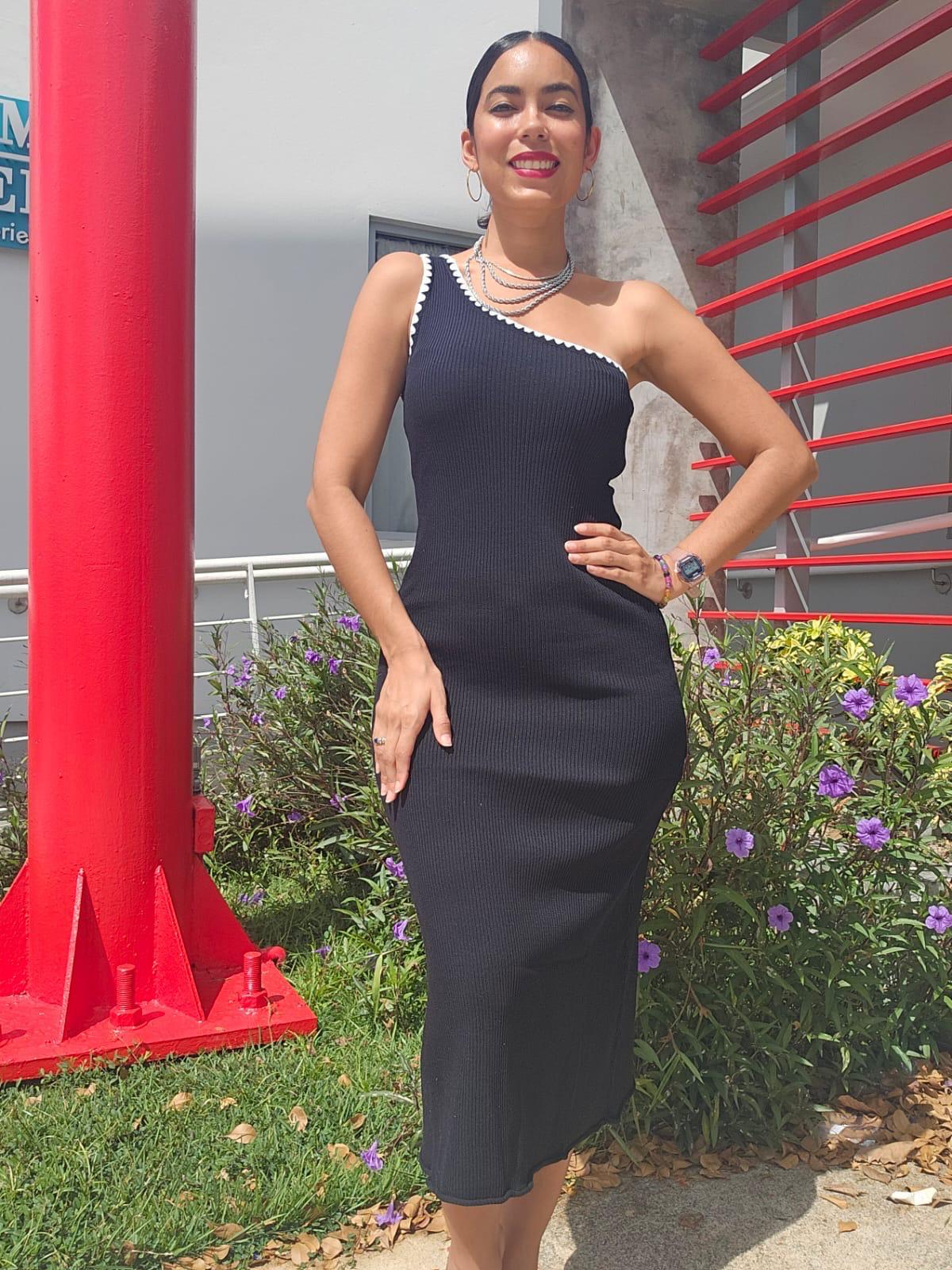 SLEEVELESS ONE SHOULDER TRIM DETAILED RIBBED DRESS