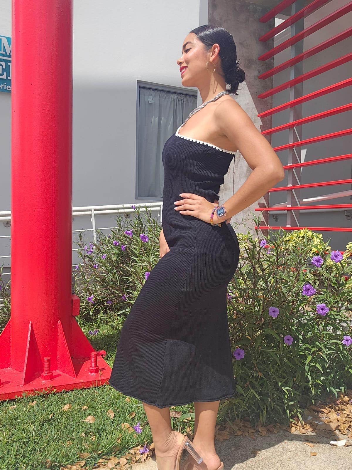 SLEEVELESS ONE SHOULDER TRIM DETAILED RIBBED DRESS