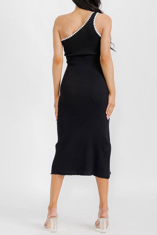 SLEEVELESS ONE SHOULDER TRIM DETAILED RIBBED DRESS