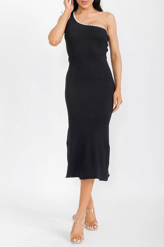 SLEEVELESS ONE SHOULDER TRIM DETAILED RIBBED DRESS