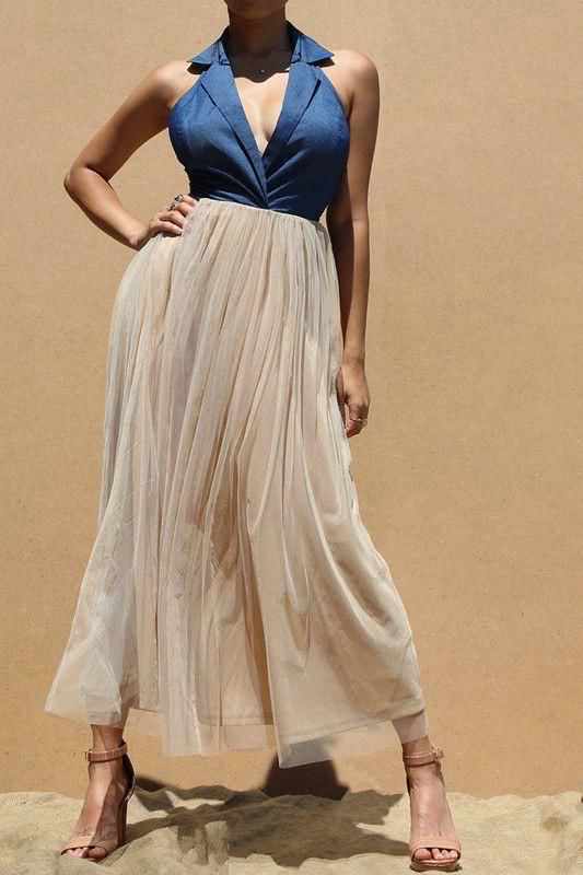 Halter Demin Mesh Dress