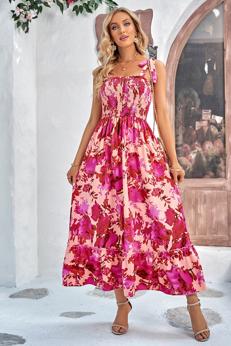 Floral Tie-Shoulder Smocked Dress