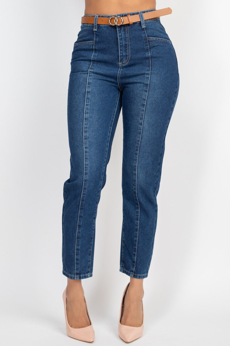 Exposed Seams Belted Denim Jeans
