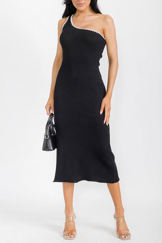 SLEEVELESS ONE SHOULDER TRIM DETAILED RIBBED DRESS