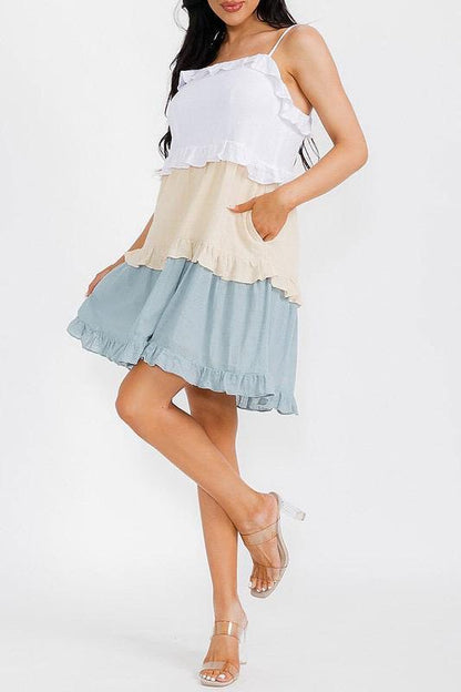 FRONT POCKET TIERED COLORBLOCK DRESS